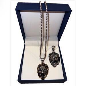 2 Lion Pendants 24 inch Necklace Chain Silver Tone Stainless Steel